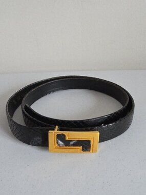 THE VILLAGE SHOP | Italian Leather Skinny Belt Glossy Snakeskin Black Sz L